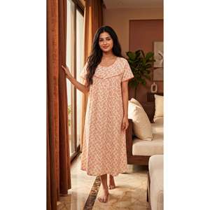 Women's Floral Cotton <b>Long</b> Sleeves Round Neck Button Placket Quick Dry Short <b>Nighty</b> Soft Comfortable Sleepwear EVOLOVE X VENUS - Product Image 1