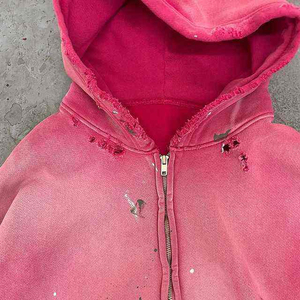 Custom Winter Streetwear Solid Zipper 100% Cotton Digital Printing <b>Sun</b> Faded Heavyweight Boxy Distressed Ripped Acid Wash Hoodie - Product Image 3