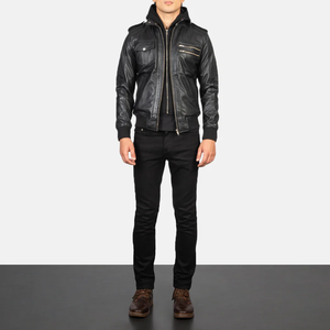 Blouson aviateur en cuir noir à capuche Bravado Vêtement d'extérieur en cuir véritable - Product Image 2