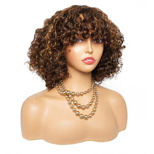 Barato corto Pixie flequillo corte Bob pelucas de cabello humano con flequillo peluca sin encaje 4/27 resaltar miel agua onda pelucas de color rubio - Product Image 1