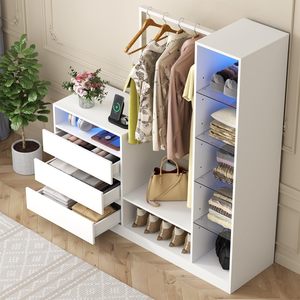 Armoire ouverte moderne avec éclairage LED, <span class=keywords><strong>commode</strong></span> de chambre <span class=keywords><strong>blanche</strong></span> avec porte-vêtements <span class=keywords><strong>et</strong></span> étagères en verre, organisateur de placard intelligent à 3 tiroirs - Product Image 1
