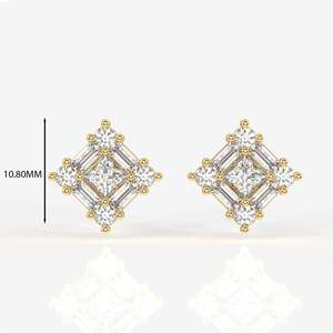 Round and Baguette Cut Moissanite Diamond Stud 9K Gold Earrings Premium Product Category - Product Image 2