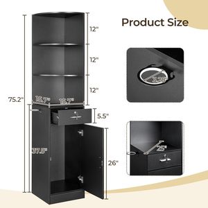 15mm E0 Grade Particleboard Matt Black 75.2\" H Durable 3-Tier Corner Salon Cabinet with 1 Door 1 Drawer Multipurpose Storage - Product Image 3