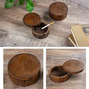 Cendrier en bois d'acacia rustique de conception classique avec couvercle plateau de bord naturel fabriqué à la main pour le bureau ou la maison pour les cigares fumant des cendres - Product Image 6