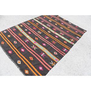 Vintage Turkish <b>Rug</b>, 5.6x7.3 ft Kilim <b>Rug</b>, <b>Black</b> Orange Animal Print Wool <b>Rug</b> - Product Image 2