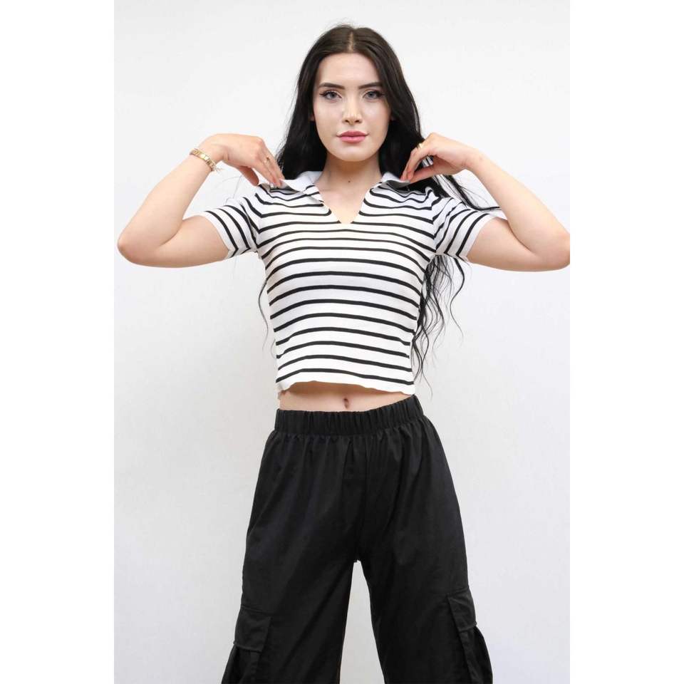 Shirt Collar Striped Knit Blouse White White