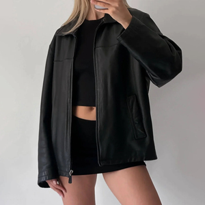 Veste en cuir pour femmes de style européen personnalisable OEM longue et grande taille en peau de mouton fabriquée au Pakistan - Product Image 4