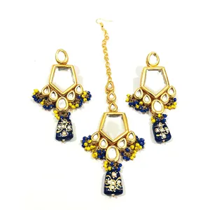 Parure de collier Kundan bleu clouté avec pendentif en forme de feuille, plaqué or rhodié 18 carats, bijoux en cuivre ornés de perles et de diamants, idéale pour les cadeaux de mariage - Product Image 5