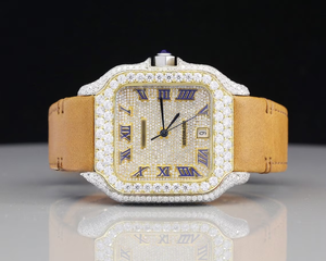 Montre en verre de cuir d'acier inoxydable d'affichage analogique mécanique des hommes de luxe personnalisable entièrement blanc VVS Moissanite diamant haut - Product Image 1