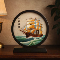 Écran de broderie en soie fait main « Voyage Prospère » de forme rectangulaire, style mascotte - Bateau à voile, pour décoration intérieure
