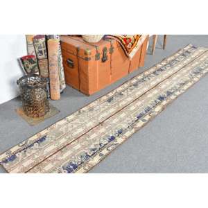 Alfombra Vintage, Alfombra Turca de 1.9x10.2 pies, Alfombra de Lana con Estampado Animal Azul - Product Image 2