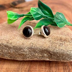 Handmade <b>Sterling</b> <b>Silver</b> <b>Stud</b> <b>Earrings</b> with Natural Black Onyx Gemstones Round Cabochon Design - Product Image 1
