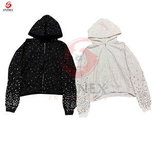 Drop Shoulders Hombres Peso pesado Bordado Rhinestone Algodón Sudadera con capucha Diseños de piedra personalizados Logos 100% Algodón Cremallera Ecológico - Product Image 1