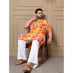 Amanush Kurta longue pour homme, grande taille, imprimé feuilles multicolores, manches trois-quarts, col mandarin, coupe ample, décontracté d'été - Product Image 1