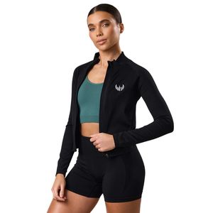 Veste de sport noire légère pour femme, entièrement zippée, à col montant, idéale pour l'entraînement, la course et le fitness, comme couche extérieure. - Product Image 1