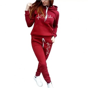 2 Pcs/Set Trendy 3D Cutting Casual Survêtement Poches Lady Winter Heartbeat Print Slim Hoodie Sweatpants Set Cold - Product Image 5