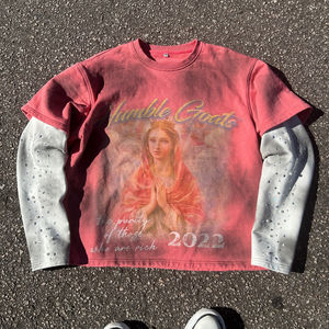 เสื้อยืดแขนยาวสองชั้นแบบสั่งทำพิเศษ ล้างสีแบบแอซิดวอช แต่งลายขาดๆ ประดับเพชรและตัวอักษรผ้าทอ จากโรงงานผู้ผลิตโดยตรง - Product Image 1