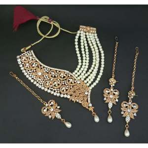 Kriaa Gold Plated Necklace <b>Set</b> with Maang Tikka Austrian Stone <b>Pearl</b> 1103656A Fine <b>Jewelry</b> <b>Set</b> - Product Image 1