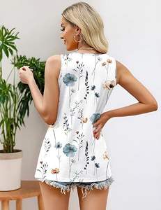 Femmes été débardeurs 2025 plissé col rond fleuri solide coupe ample décontracté sans manches fluide Boho tunique chemises - Product Image 4