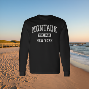 T-shirt a maniche lunghe Montauk New York Est 1648 stile sportivo vintage - Product Image 3