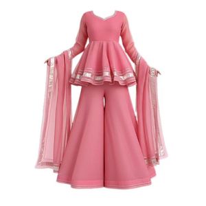 Chiffon Formal Solid Anarkali Sharara Set with Gotta Lace <b>Top</b> Feminine and Elegant Knee Length Pattern ODM Breathable - Product Image 1