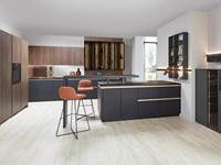 Set Kabinet Dapur Walnut Slab Tanpa Gagang, Panel Datar, Motif Kayu, Finishing Matte, Buatan USA, Stok Houston