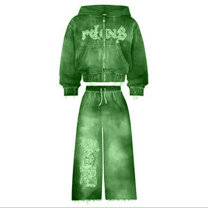 Custom Tech Fleece Distress Patch Rhinestone chándal acampanado pantalones de chándal y Sudadera con capucha conjunto de lavado ácido recortado Sweatsuit Set Mujeres - Product Image 6