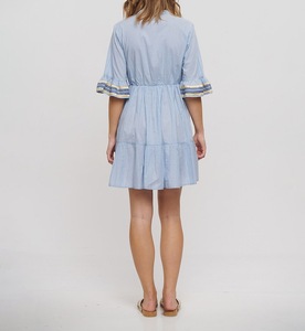 PRINTED FASHION SHORT BLUE <strong>DRESS</strong> WITH GOLD/BLUE EMBROIDERY DECORATED WITH NECK TUSSLES ONE SIZE (100% COTTON) - Product Image 4