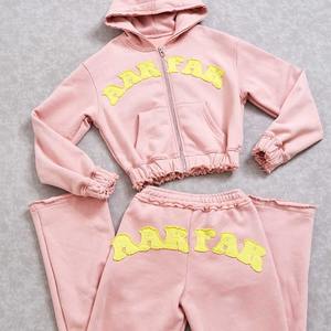 Custom <b>Pink</b> Distressed Zip Hoodie <b>Women's</b> Winter Casual 2-Piece Fleece Workout Joggers Sets with <b>Shorts</b> - Product Image 6
