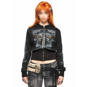 Sweat à capuche court lavé à l'acide pour femmes de la plus haute qualité Style Street Wear, polaire ou éponge française Zip Up Rhinestone Sweat à capuche pour femme - Product Image 1