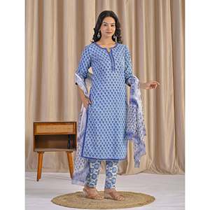 Conjunto de Kurta y Pantalón de Algodón Azul Claro con Estampado a Mano, Estilo Casual, Ropa India Hecha a Mano - Product Image 6