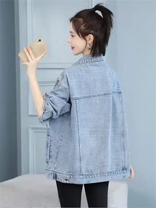 Chaqueta vaquera sencilla para mujer para primavera Otoño Invierno verano con cuentas empalmadas de un solo pecho Harajuku vaquero prendas de vestir exteriores de ajuste holgado - Product Image 5