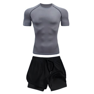 Vêtements de sport de compression à manches courtes, couleur unie, avec t-shirt ajusté et short double couche, impression par sublimation, ensemble - Product Image 4