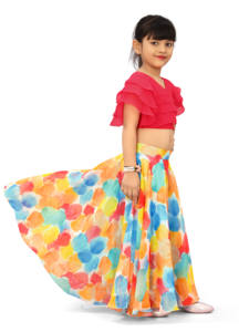 ชุดเลเฮนกาโชลีพิมพ์ลายหลากสีสำหรับสาวๆ แบรนด์ Shoryam พร้อมเสื้อครอปแขนระบายเป็นชั้นๆ เหมาะสำหรับงานเทศกาล งานแต่งงาน ขายส่ง - Product Image 3