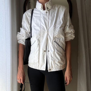 <b>Vintage</b> Cropped <b>Nylon</b> Windbreaker Jacket Womens Beige Stand Collar Full Zip Snap Front Lightweight Outerwear Athletic Casual - Product Image 5