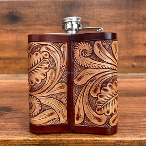 Wholesale Hand Tooled Leather Hip <b>Flask</b> Western Floral Genuine Leather 8oz <b>Flask</b> Cover Top Grain Leather Stainless Steel <b>Flask</b> - Product Image 4