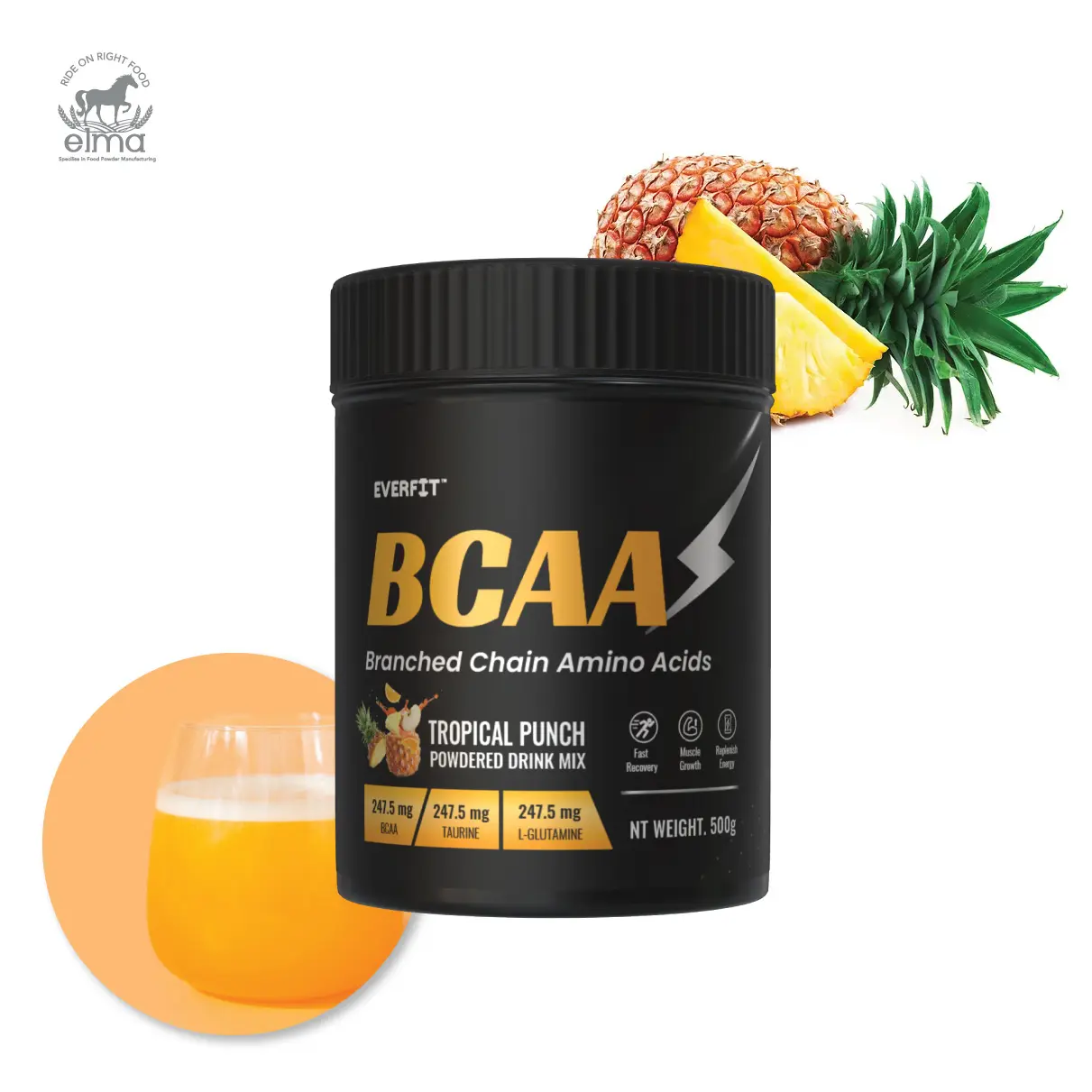 Suplemento esportivo de marca própria para nutrição esportiva, aminoácidos BCAA, frutas tropicais, creatina monohidratada, pré-treino