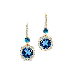 Boucles d'oreilles pendantes en or massif 18 carats avec topaze bleue naturelle de Londres et diamants faits à la main pour femmes - Product Image 4