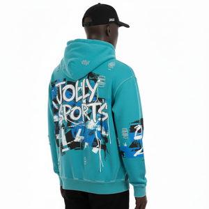 Sweat à capuche zippé en polaire épaisse de haute qualité, bleu sarcelle, imprimé graphique moderne sur la poitrine, logo personnalisé, confortable, décontracté, vêtements de sport basiques, sweat à capuche zippé - Product Image 3