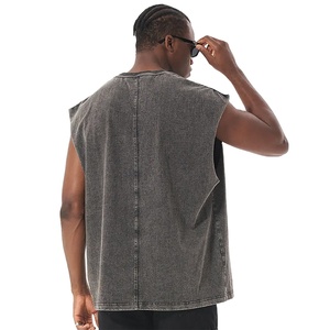 T-shirt oversize en coton épais pour hommes, T-shirt sans manches imprimé avec logo délavé à l'acide de style vintage, en tissu de jersey vierge, vente en gros - Product Image 3