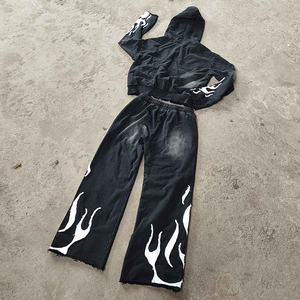 Survêtement délavé à l'acide avec logo brodé usé, 450 g/m², pour homme, ensemble sweat à capuche évasé et pantalon de survêtement, survêtement zippé - Product Image 2