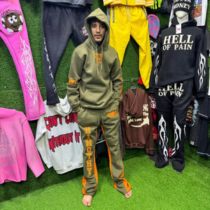 Écusson de broderie 3D personnalisé et sweat-shirt à impression bouffante pour hommes grande taille Streetwear Sun Faded Acid Washed Hoodie et pantalon évasé - Product Image 1