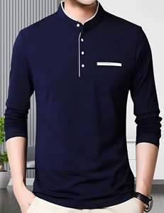 <b>Men's</b> Blue <b>Long</b> Sleeve Knitted T-Shirt O-Neck Made of Polyester/Cotton Material - Product Image 3