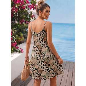 2026 <b>Sexy</b> Leopard Floral Print Slip <b>Dress</b> <b>Women</b> V-Neck Spaghetti Strap A-Line Summer Beach Sundress Wholesale OEM - Product Image 3