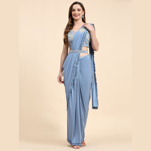 Lanzamiento de hermosa tela importada de diseñador con volantes con exquisito cinturón de trabajo hecho a mano Sari ready made al por mayor por Royal Export - Product Image 3