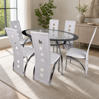 Ensemble de table à manger moderne avec 6 chaises, plateau ovale en verre, pieds en métal chromé, chaises en cuir PU blanc, restaurant, hôtel, maison, cuisine