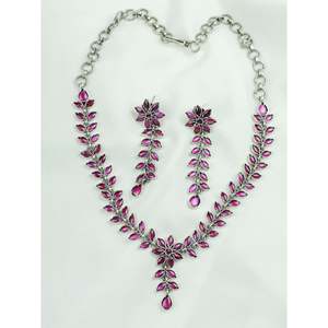 Ayushi Wedding Jewelry Set Delicate Silver <b>Necklace</b> with <b>Ruby</b> Phool Pati & Petals Including Earrings - Product Image 3