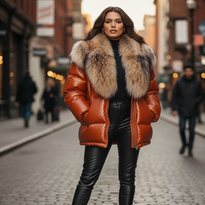 Veste en cuir véritable à carreaux pour femme avec col en fourrure de renard, coupe-vent, doudoune d'hiver, streetwear - Product Image 2