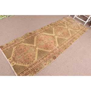 Turkish Rug, 3x8.3 ft Runner Rug, <b>Brown</b> Check <b>Wool</b> Vintage Rug - Product Image 2
