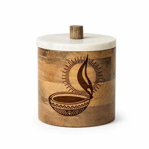 Pot en bois décoratif avec pot de rangement en bois avec sculpture à la main et au lotus et couvercle en marbre Design traditionnel indien - Product Image 4